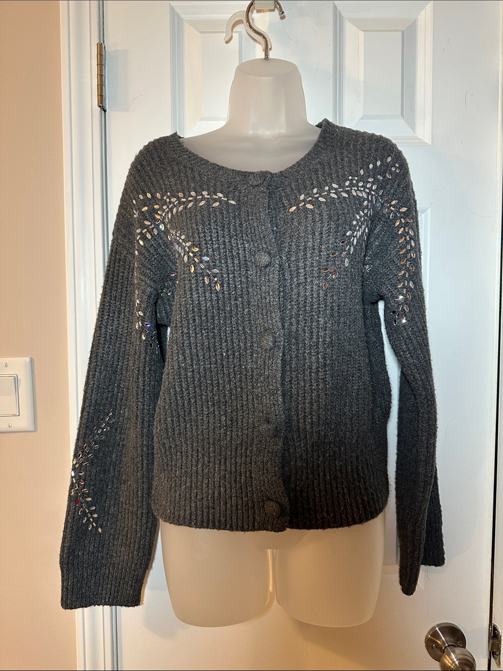 Vigoss Dark Gray Ribbed Knit Button-Up Cardigan with Embellished Cutwork